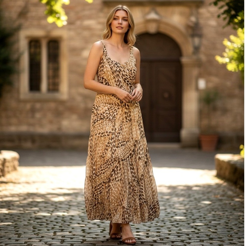 Jones Wear Dress Womens 8 Brown Animal Print Tiered Sleeveless Maxi Dress Boho